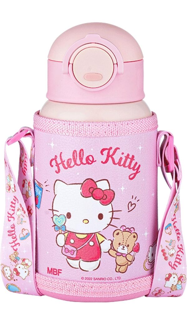 Hello Kitty Stainless Steel Insulated Water Bottle with Cup, Straw and Bag 500ml - Pink