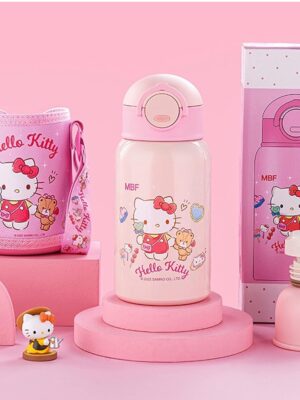 Hello Kitty Stainless Steel Insulated Water Bottle with Cup, Straw and Bag 500ml - Pink
