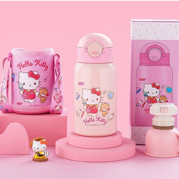 Hello Kitty Stainless Steel Insulated Water Bottle with Cup, Straw and Bag 500ml - Pink